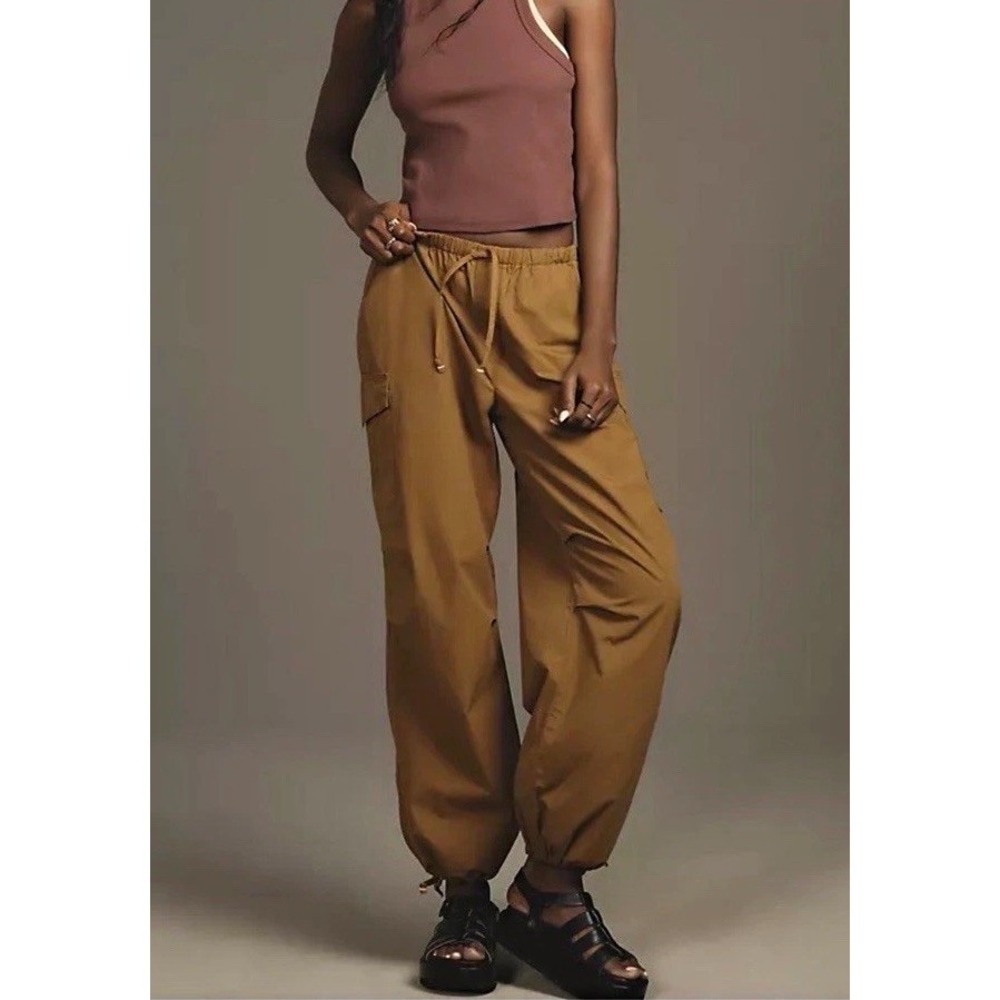 Pilcro Brown Solid Cargo Pants Tie Waist Pockets Drawstring Size M